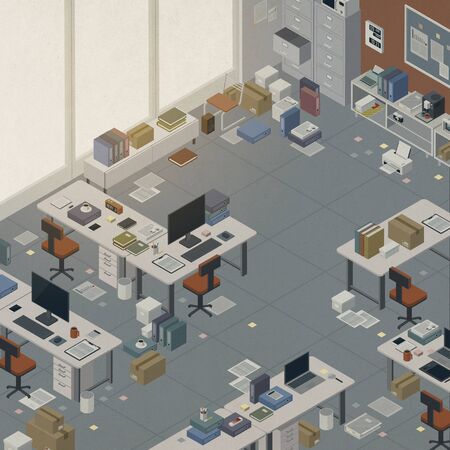 Messy corporate business office interior with cluttered desks and piles of paperwork, isometric illustrationの写真素材