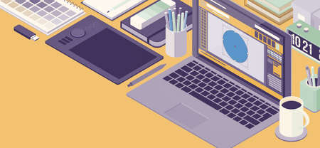 3D illustration. Professional graphic designer workspace: isometric desktop with computer and work tools, creativity and communication conceptの写真素材