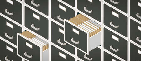 Isometric filing cabinets and business paperwork in the archive, 3D illustration