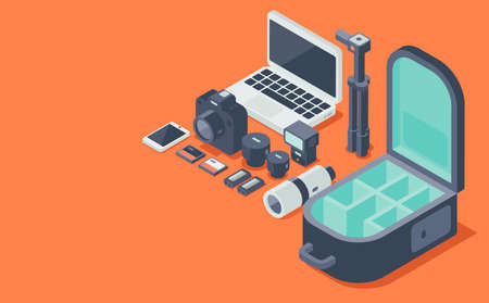 Professional photographer bag with digital camera and photographic equipment, isometric 3D illustrationの写真素材