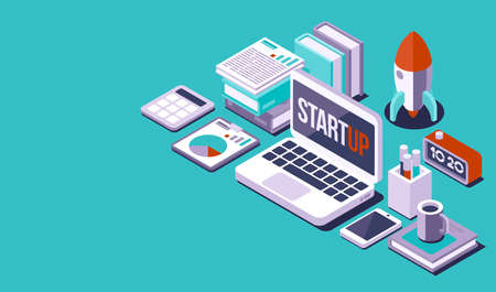 New start up business, desktop with laptop, paperwork and rocket, isometric 3D illustration
