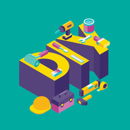 DIY isometric 3D text with tools, do it yourself concept, 3D illustrationの写真素材