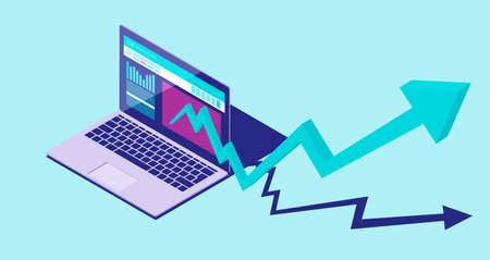 Successful financial chart with arrow going up on a laptop, isometric 3D illustration