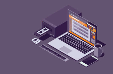 Film slides conversion using a scanner and a laptop, 3D illustration