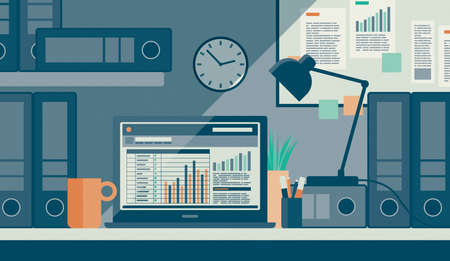 Desktop with laptop and financial charts, business management and accounting concept