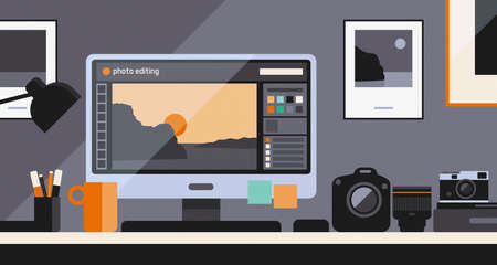 Professional photographer work desktop with computer: photo editing software