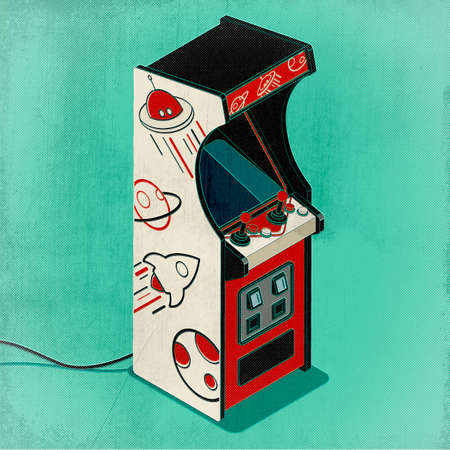 Colorful arcade machine with space decorations, vintage videogames concept, 3D illustrationの写真素材