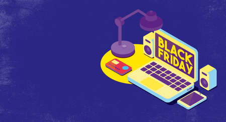 Black friday promotional sale and online shopping: black friday advertisement on a laptop screen,...