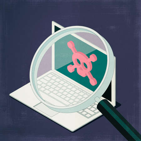 Antivirus detecting a malware on the computer, magnifier zooming in on a skull, 3D illustration