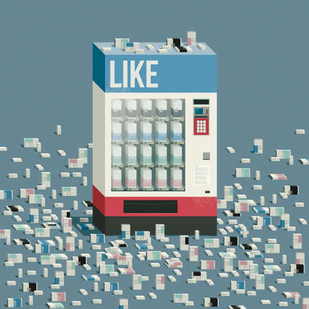 Vending machine selling packets of "Like", social media and marketing concept. 3D illustrationの写真素材