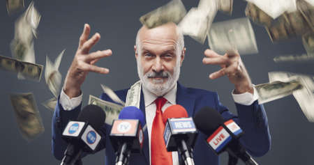 Politician and lots of cash dollars, economy and corruption concept