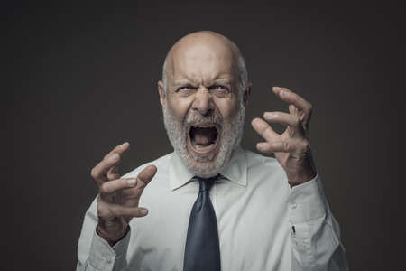 Angry aggressive corporate businessman shouting at camera, he is stressed and frustratedの写真素材