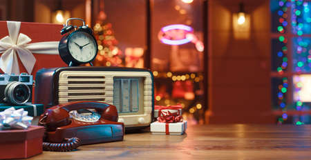 Vintage Christmas gifts and antique shop in the backgroundの写真素材