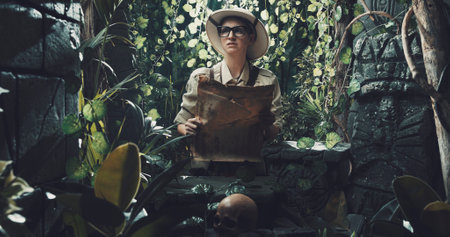 Scared explorer lost in the jungle: she is holding a map and looking at some ancient ruinsの写真素材