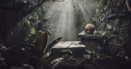 Human skull and ancient ruins in the jungle, exploration and adventure conceptの写真素材
