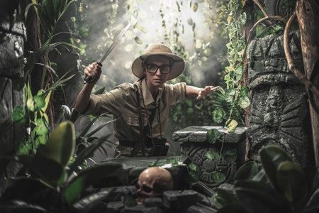 Vintage adventurer exploring the jungle and holding a machete, she finds ancient ruins