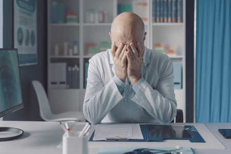 Stressed exhausted doctor sitting at office desk and resting with head in hands, burnout in healthcare conceptの写真素材