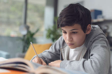 Cute boy sitting at desk and studying, he is reading and writing notes