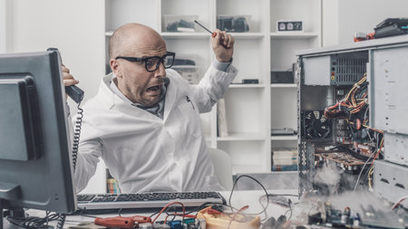 Burning computer on the technician desk, he is shocked and scaredの写真素材