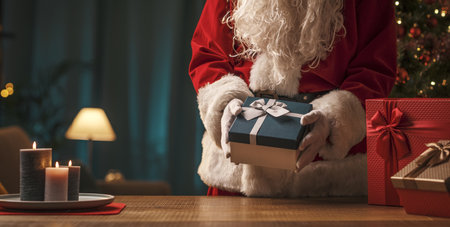 Santa Claus delivering Christmas gifts at home, holidays and celebrations conceptの写真素材