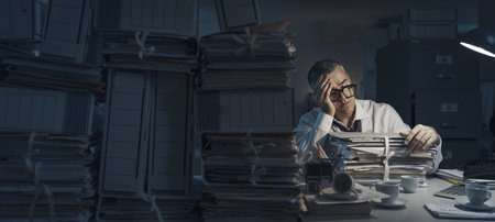 Exhausted businessman sleeping at his desk and working overtime late at night, he is surrounded by...