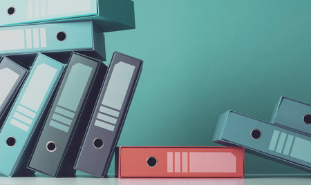 Load of messy ring binders in the archive, data management and storage conceptの写真素材