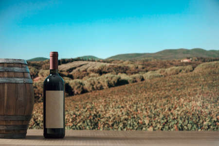 Excellent red wine tasting experience: wine bottle and barrel on a table and vineyard in the backgroundの写真素材