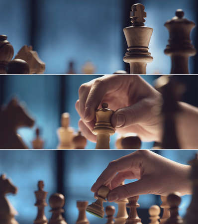 Professional chess player moving pieces on the chessboard, banners set