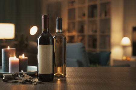 Luxury red and white wine bottles on a table in the living room at home, wine tasting conceptの写真素材