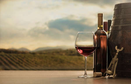 Excellent red wine tasting experience: wineglass, wine bottles barrel on a table and vineyard in the...
