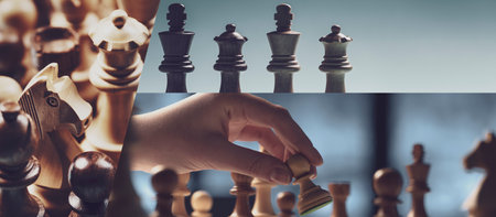 Chess game: luxury wooden chess set and player moving pieces on the chessboard, strategy and tactics games, photo collage bannerの写真素材