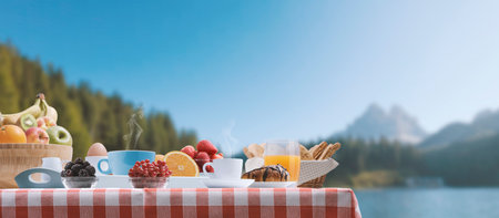 Relaxing outdoors with a delicious breakfast and beautiful view on mountains, travel and healthy...