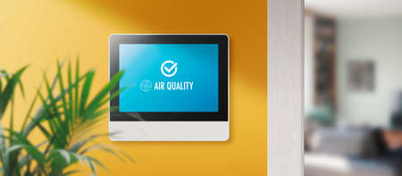 Air quality monitor tracking air pollution indoors, smart home concept