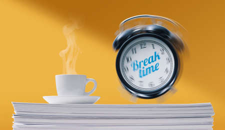 Espresso coffee and alarm clock on a pile of paperwork, it's break time