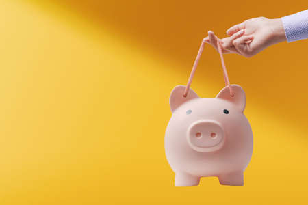 Woman holding a piggy bank like a shopping bag: saving money and shopping on a budget concept, copy spaceの写真素材