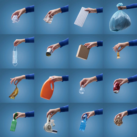 Hands holding different kinds of waste and materials, separate waste collection and recycling...