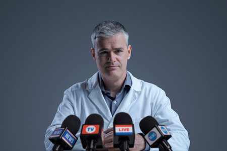 Confident medical scientist interviewed by the media, he is looking at camera