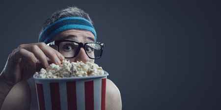 Funny scared guy watching horror movies and eating popcorn, blank copy spaceの写真素材