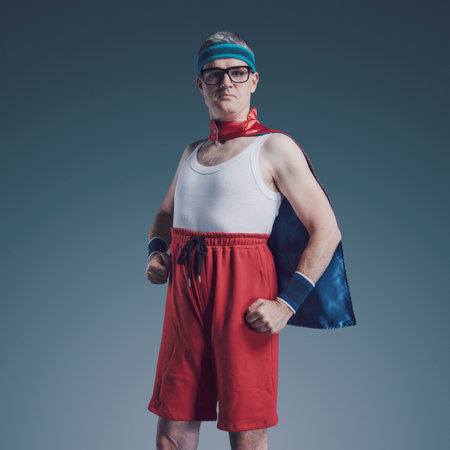 Funny superhero with glasses and small cape, he is posing and looking at cameraの写真素材