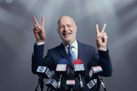 Confident successful leader interviewed by the media, he is smiling and making a V signの写真素材