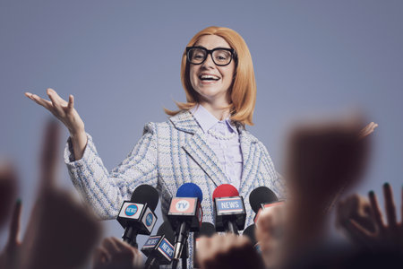 Smiling female politician holding a press conference, she is smiling and gesturingの写真素材