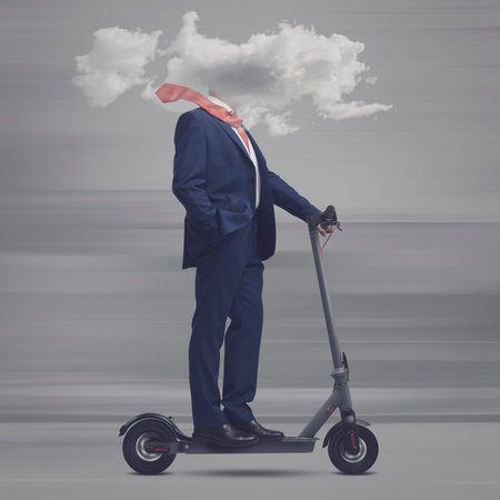Businessman riding an electric scooter with his head in a cloud: distraction and isolation conceptの写真素材