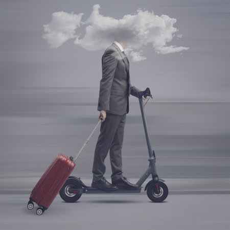 Traveler businessman riding an electric scooter with his head in a cloud: isolation, distraction and mental fog conceptの写真素材