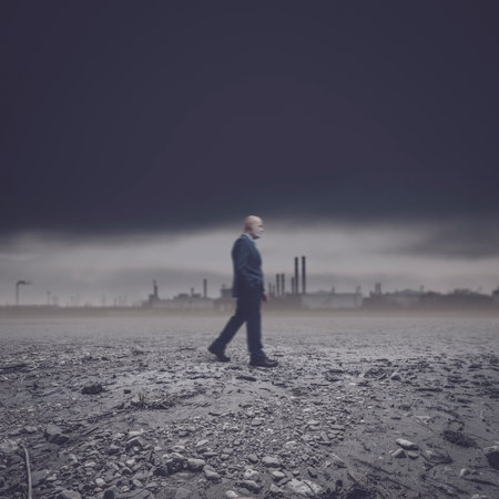 Businessman walking through a polluted dry land, factories in the background, environmental damage...