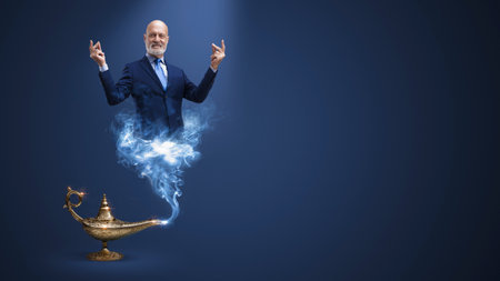 Businessman genie coming out from the lamp and snapping fingers, he is fulfilling wishes, blank copy...