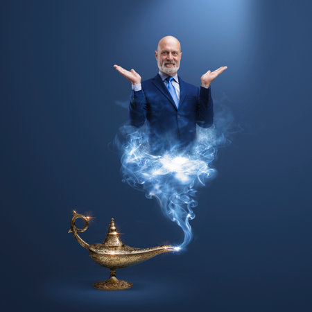Corporate businessman genie coming out from a magic lamp, he is smiling and looking at camera