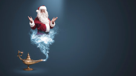 Genie Santa Claus coming out from the magic lamp on Christmas, he is smiling and looking at camera, blank copy spaceの写真素材