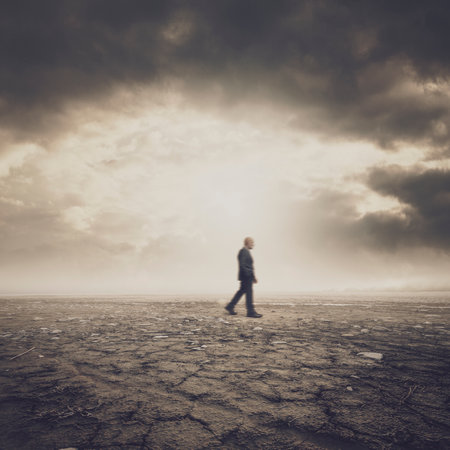 Lonely businessman walking through a dry desert land, environment conceptの写真素材