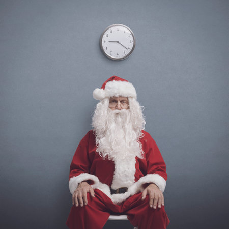 Bored Santa Claus sitting on a chair and waiting for a job interviewの写真素材