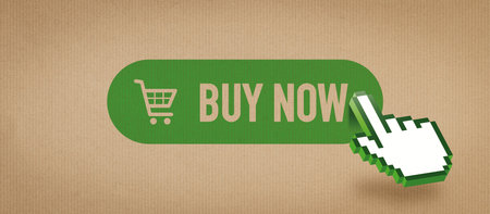 Online grocery and delivery service: pointer clicking on a buy now button and recycled paper backgroundの写真素材